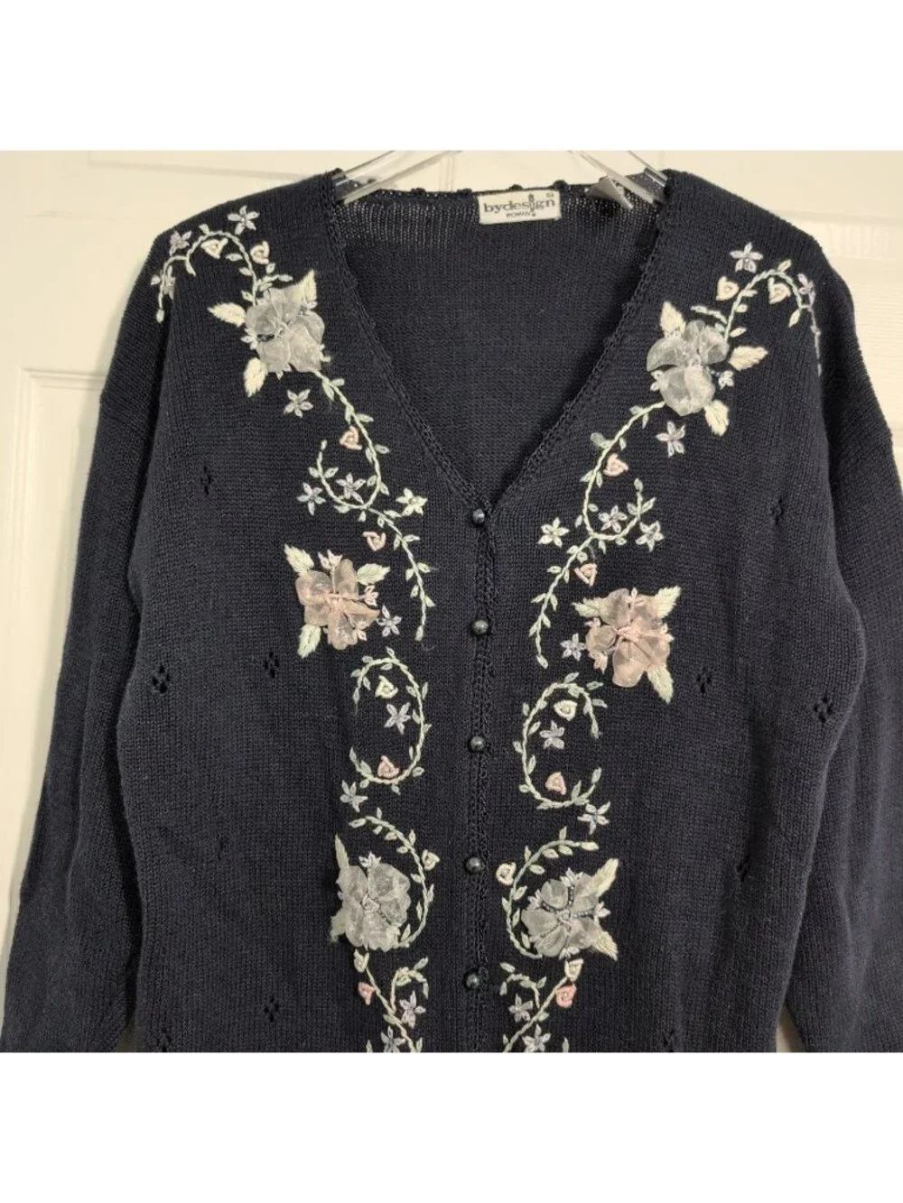 Vintage Embroidered Floral Cardigan Womens Size 2X Blue Cottagecore Coquette